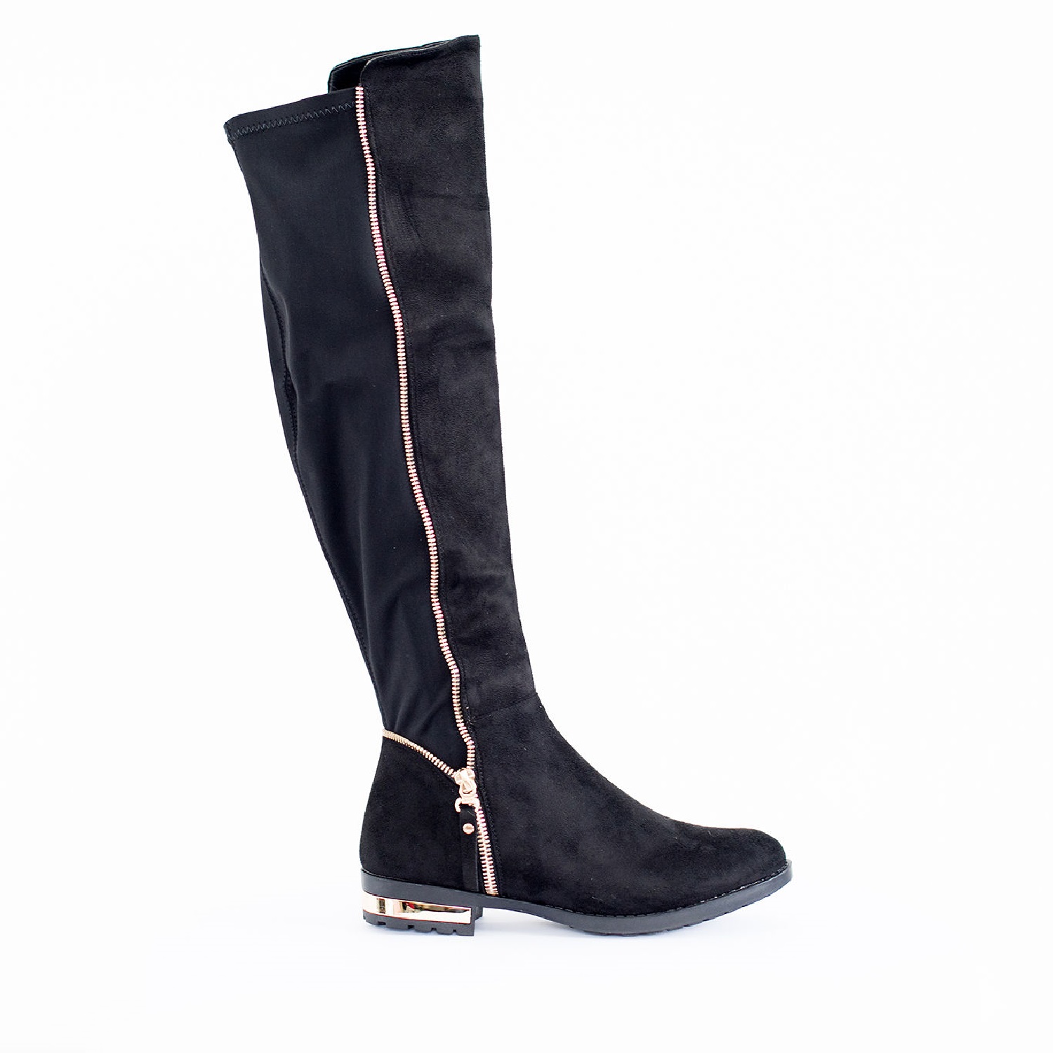 black over the knee boots with gold zipper